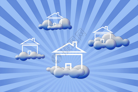 在云中安居房屋房子白色天空天堂商业自由家庭拼贴画想像力蓝色背景图片