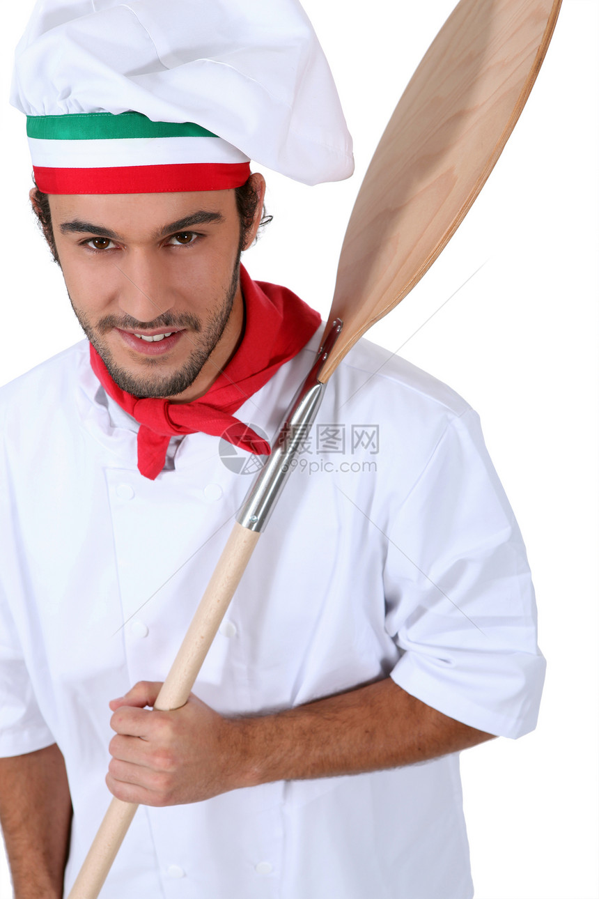 比萨厨师围巾黑色木板头发餐具白色外套夹克厨房绿色图片