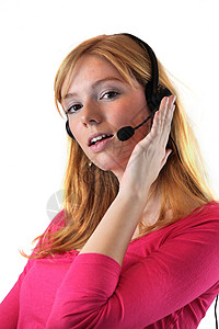 带耳耳机的年轻妇女推销员工作室电话销售女士电话秘书推销背景图片