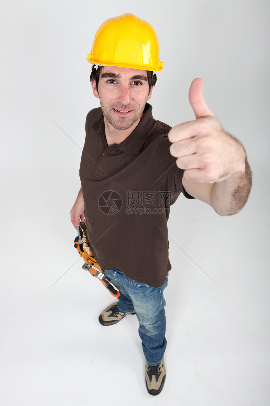 建筑工的缩略图向上木匠蓝色贸易工具工作衣领安全帽劳动建造联盟图片
