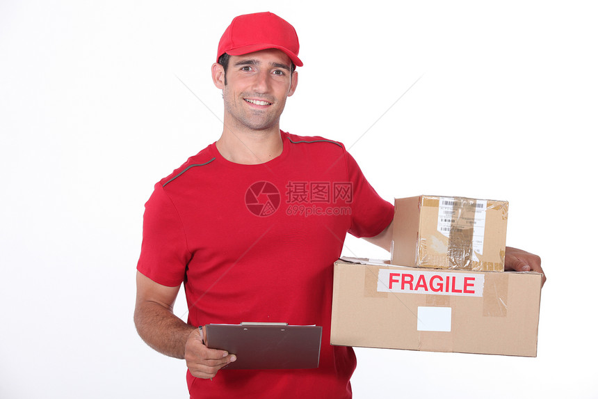白色背景的送货员邮件男人工人运输男性送货工程师帽子邮政红色图片