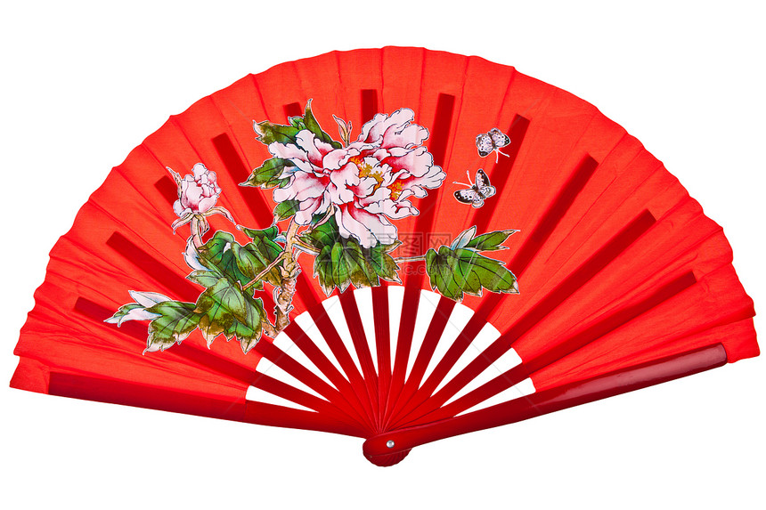 红东方中国风扇 在白背景上被孤立工艺艺术冷却手工文化木头扇子竹子空气纪念品图片