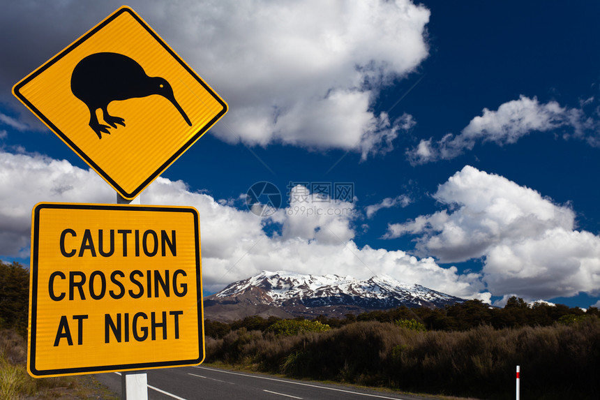 Kiwi交叉路标和卢阿佩胡火山 新西兰蓝色无翼鸟注意力橙子奇异果锥体钻石运输指示牌菱形图片