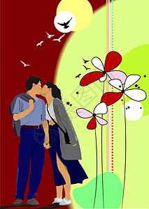 鲜花背景与亲吻情侣 矢量插图女孩女士男人绿色夫妻曲线框架男生星星背景图片