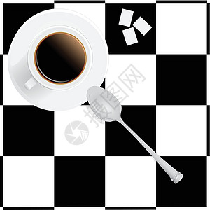 白色方糖咖啡杯数字绘画早餐白色创造力黑色勺子插图杯子飞碟插画