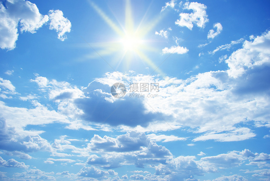 天空自由晴天蓝色太阳白色天际背景绘画天堂全景图片