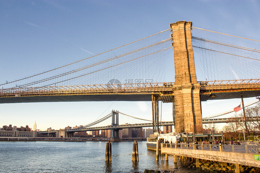 纽约市布鲁克林大桥建筑图示纽约建筑学城市电缆蓝色交通场景商业公园天空文化图片