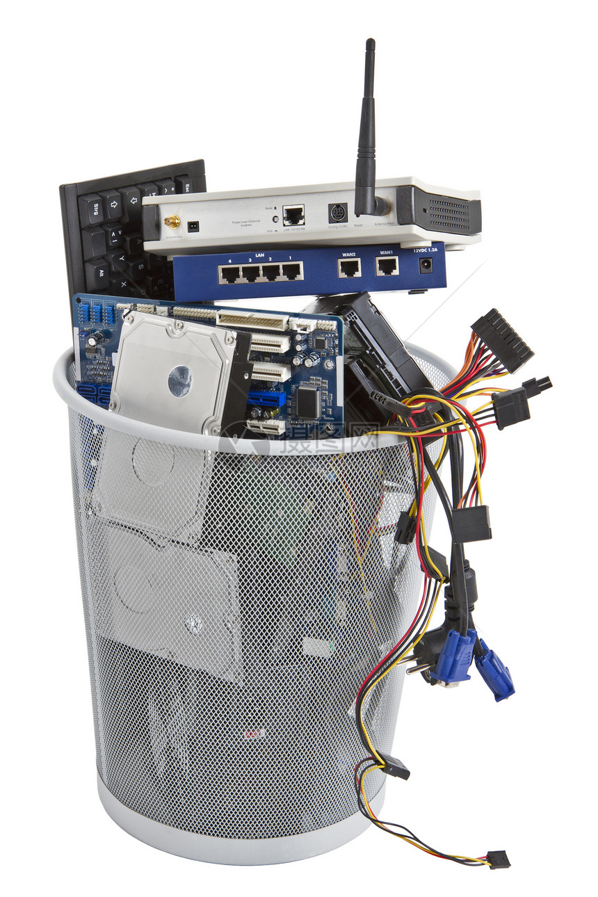 垃圾桶中电子废料设备垃圾硬盘大容量废纸网络行业绳索内存电气元件图片