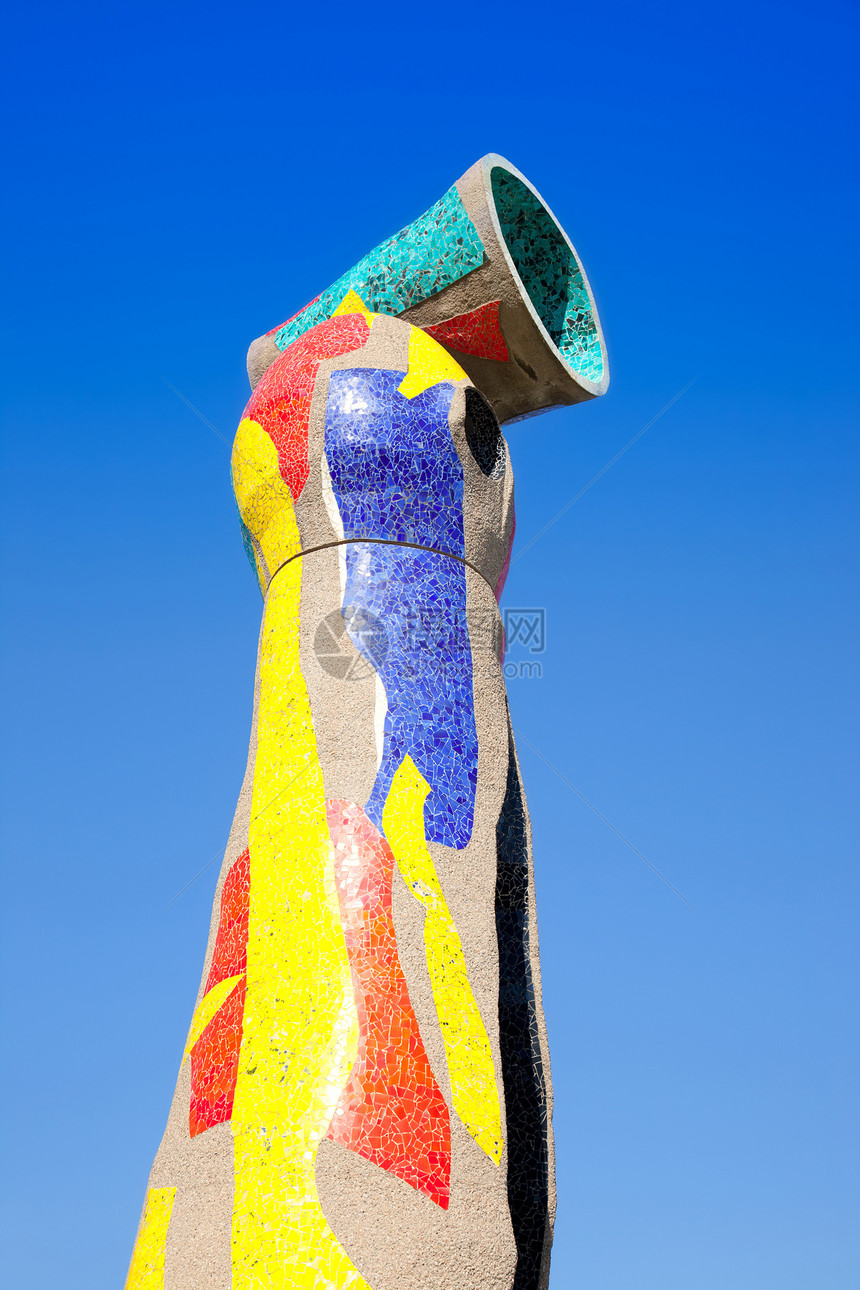 雕塑巴塞罗那Joan Miro的琼米罗陶瓷石工城市艺术纪念碑蓝色建筑学女士立体派制品图片