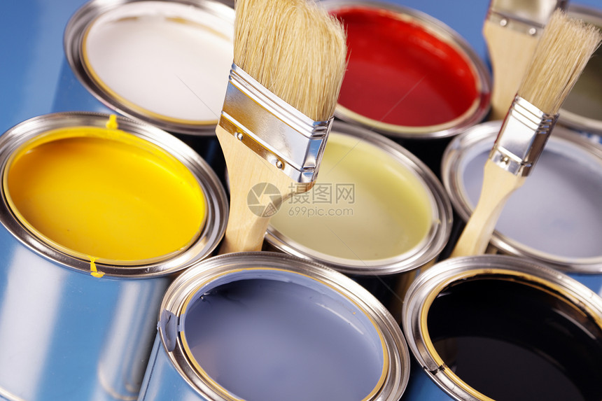 油漆罐创造力墨水颜料画笔黄色装潢金属画家白色刷子图片