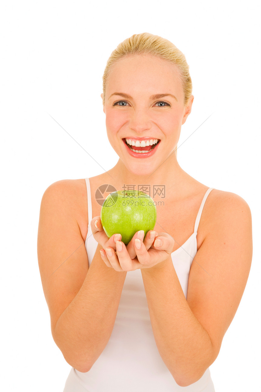 拥有绿苹果的妇女金发饮料女士金发女郎食物成人头发健康饮食年轻人水果图片