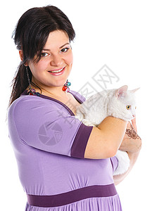年轻女人抓着白猫头发玩具胡须小猫眼睛家庭关爱情人动物女孩畅快高清图片素材
