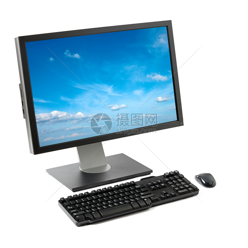 孤立的计算机工作站白色屏幕电脑监视器老鼠键盘液晶桌面展示薄膜图片