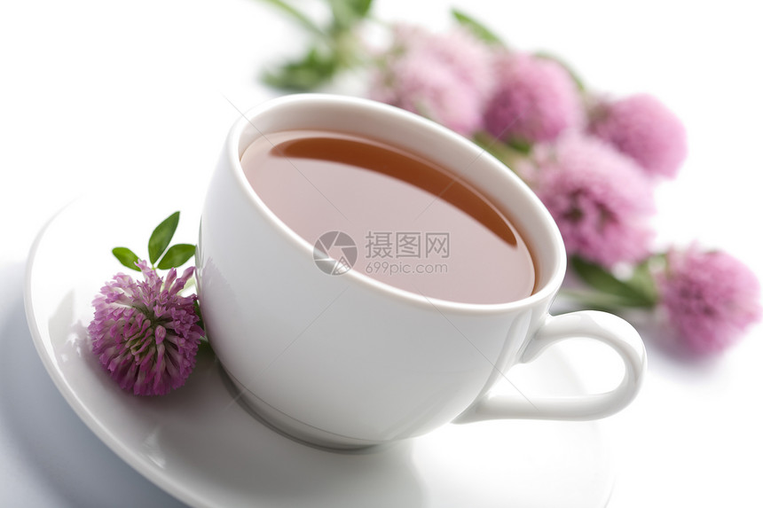 白杯草药茶和青柳花美食杯子陶瓷叶子草本植物补品三叶草早餐咖啡店餐厅图片