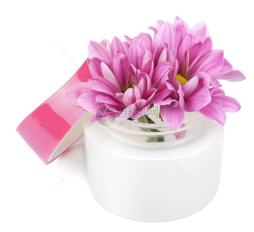 在化妆品瓶中的花朵单独隔绝宏观瓶子奶油药品卫生植物香气润肤香脂植物群图片
