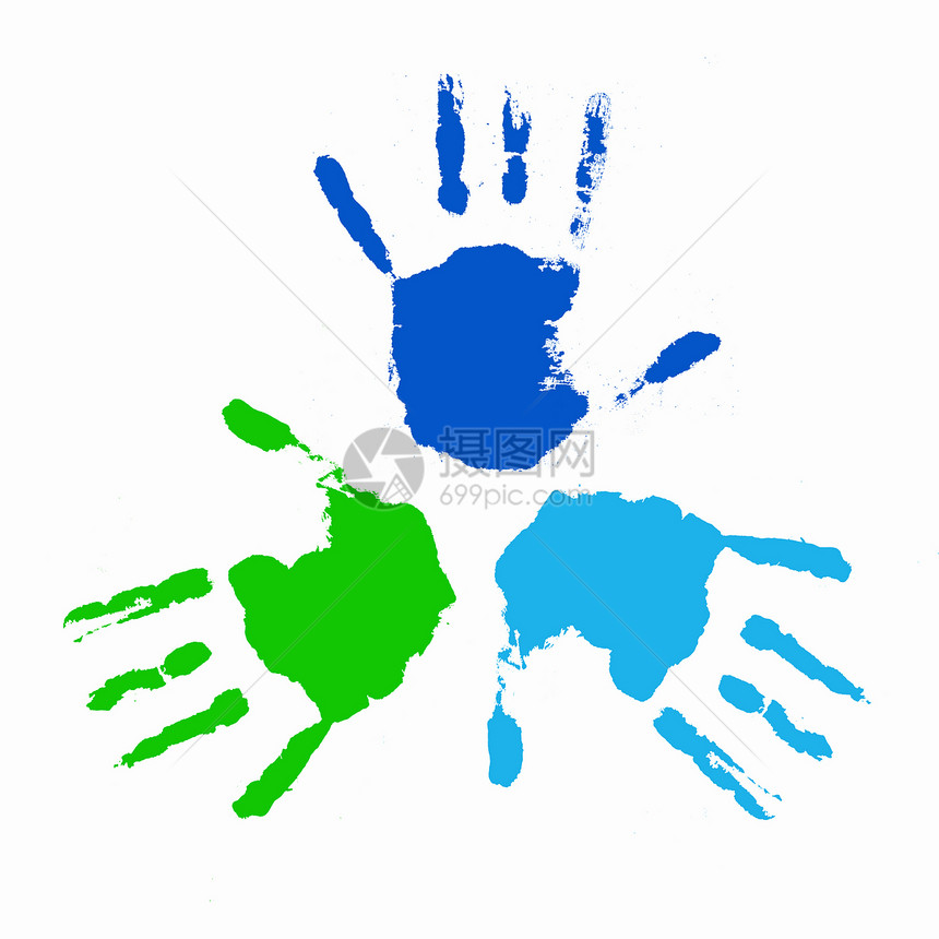 人手的彩色指纹个性孩子拇指蓝色彩虹打印染料手指创造力童年图片