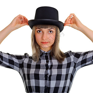 穿着黑丝帽的女孩 孤立在白色上女性高清图片素材