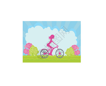 带环影女孩的自行车海报海滩喜悦锻炼享受女儿运动平衡蓝色幸福训练背景图片