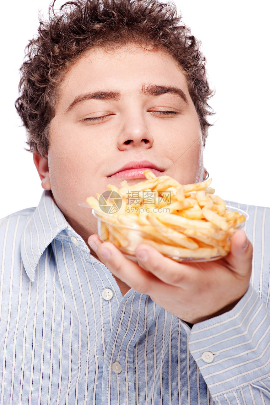 带薯条的胖胖男人成人垃圾育肥盘子脂肪食物土豆白色展示重量图片