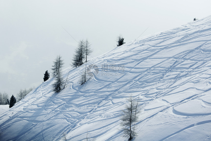 雪上滑雪痕迹曲线娱乐小路蓝色国家季节路线云杉运动探索图片