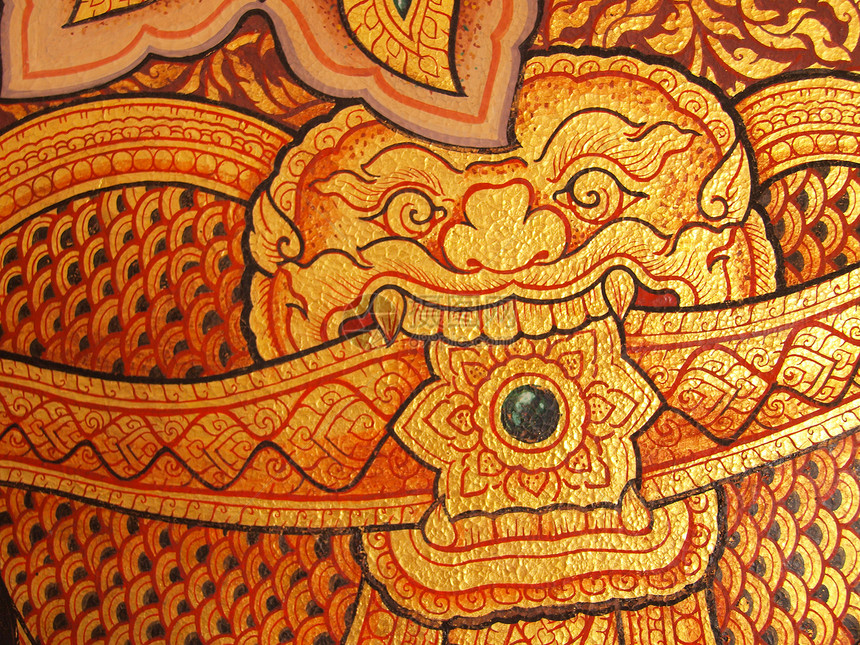 在泰国寺庙的墙壁画画和纹理文化佛教徒艺术绘画宗教历史风格工艺场景装饰图片
