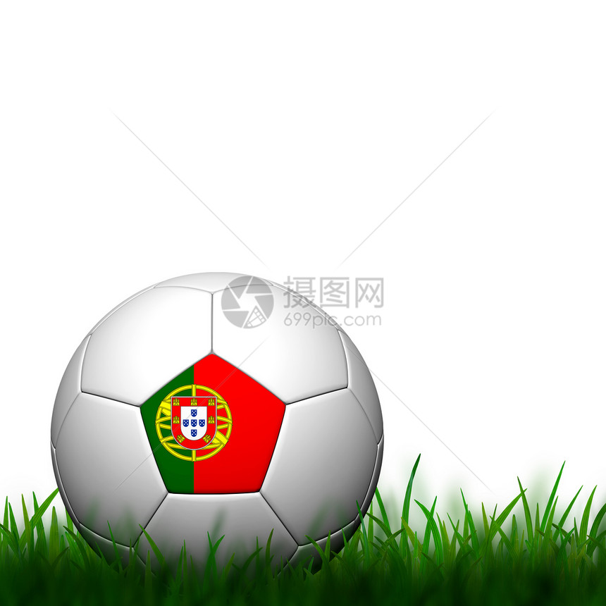3D 葡萄牙足球队葡萄牙旗杆 在白色背地的绿草中图片