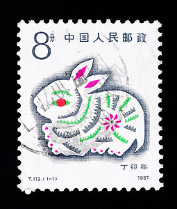 兔子邮票中国-中国1987年 中国印刷的一幅印章显示1987年鼠兔年背景