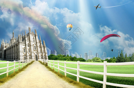 彩虹气球素材米兰彩虹阳光气球大教堂天空城市太阳宗教旅游旅行背景