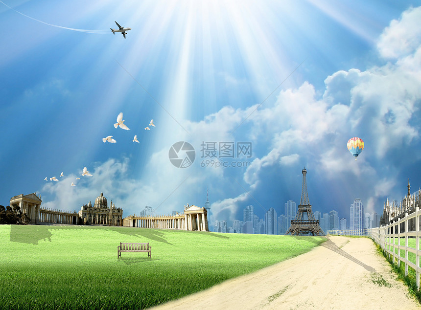 环球旅行地标气球天空教皇长椅纪念碑概念场地旅游鸽子图片