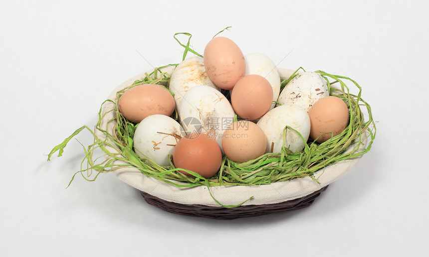 鸡蛋和鹅肉混合在篮子中脆弱性家禽农业蛋糕食物团体动物野鸡美食工作室图片