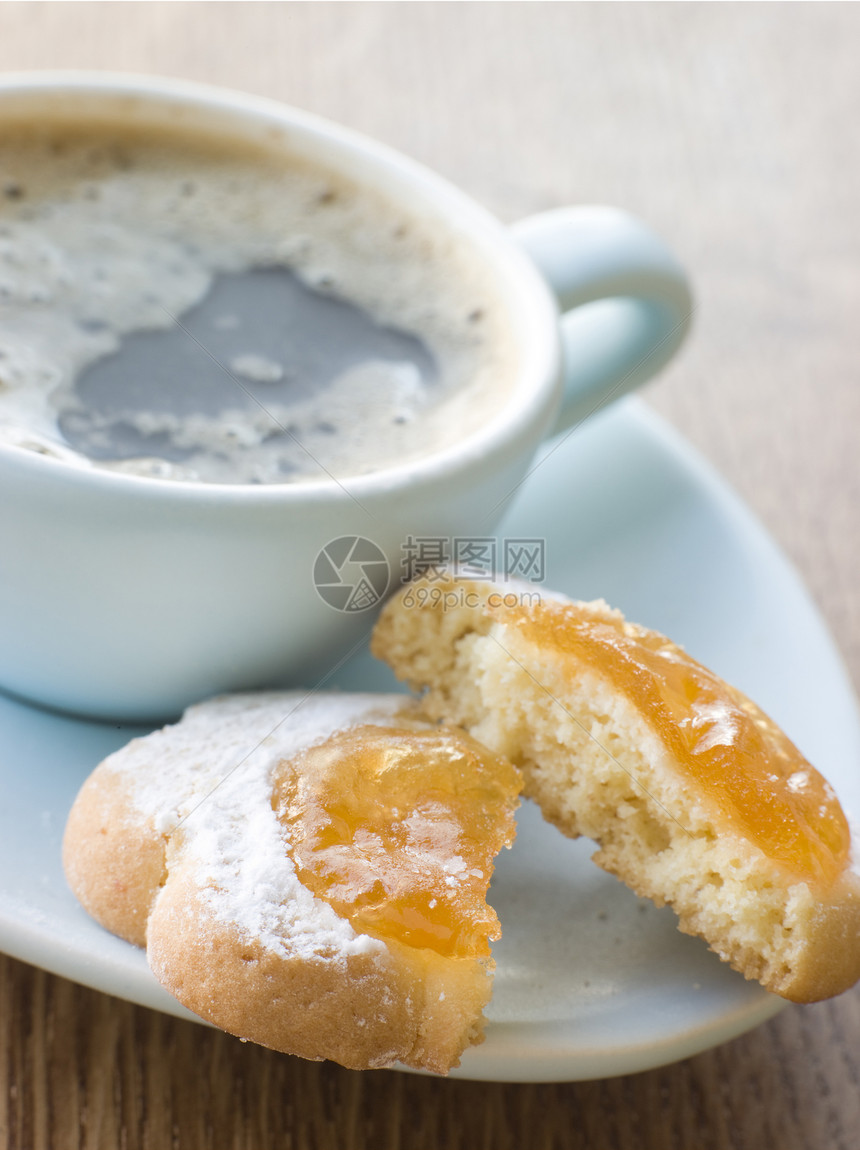 使用 Espresso 的饼干咖啡热咖啡糖粉饮料摄影影棚食品视图系列图片
