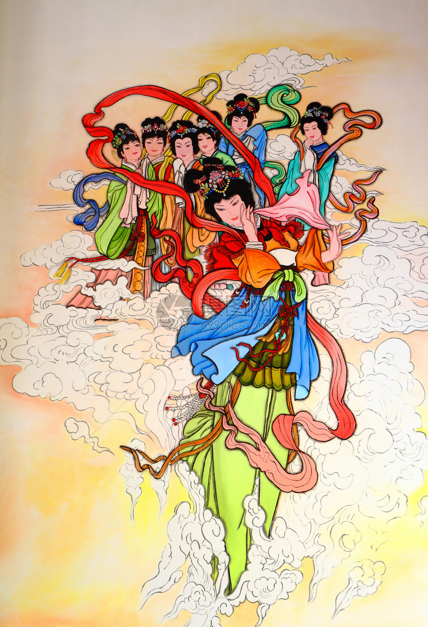 中国寺庙墙上的中国传统绘画作品建筑学旅游信仰插图女神歌曲天空文化监护人艺术家图片