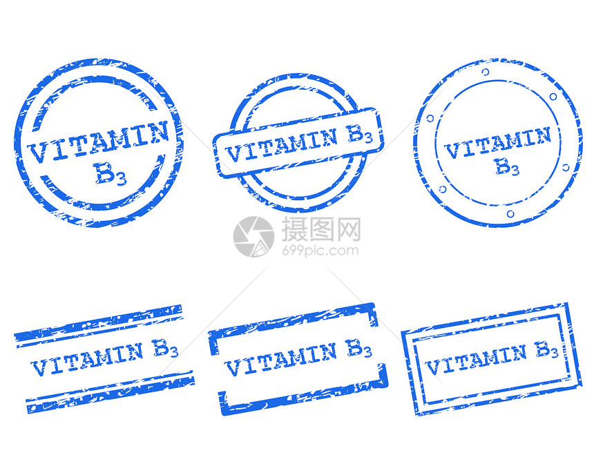 维生素B3邮票购物维生素烙印标签销售插图墨水海豹蓝色橡皮图片
