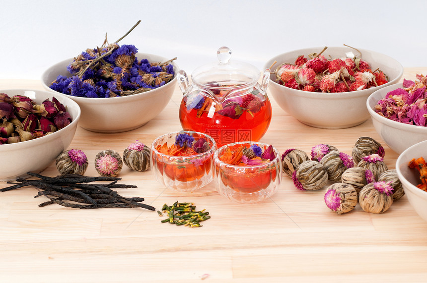 香草天然花卉茶和干花疗法玻璃植物茶壶茶点酿造叶子杯子治疗饮料图片