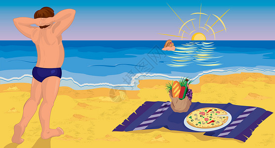 穿泳装情侣在海滩上吃披萨的情侣设计图片