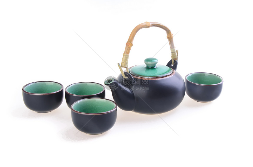 中国茶杯和茶壶背景的中国茶盒早餐食物制品文化陶器饮料仪式传统杯子服务图片