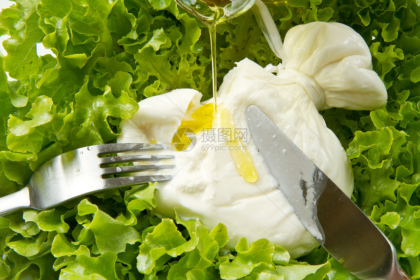 撒沙拉上布拉塔沙拉烹饪小吃食物饮食蔬菜牛奶午餐健康绿色图片