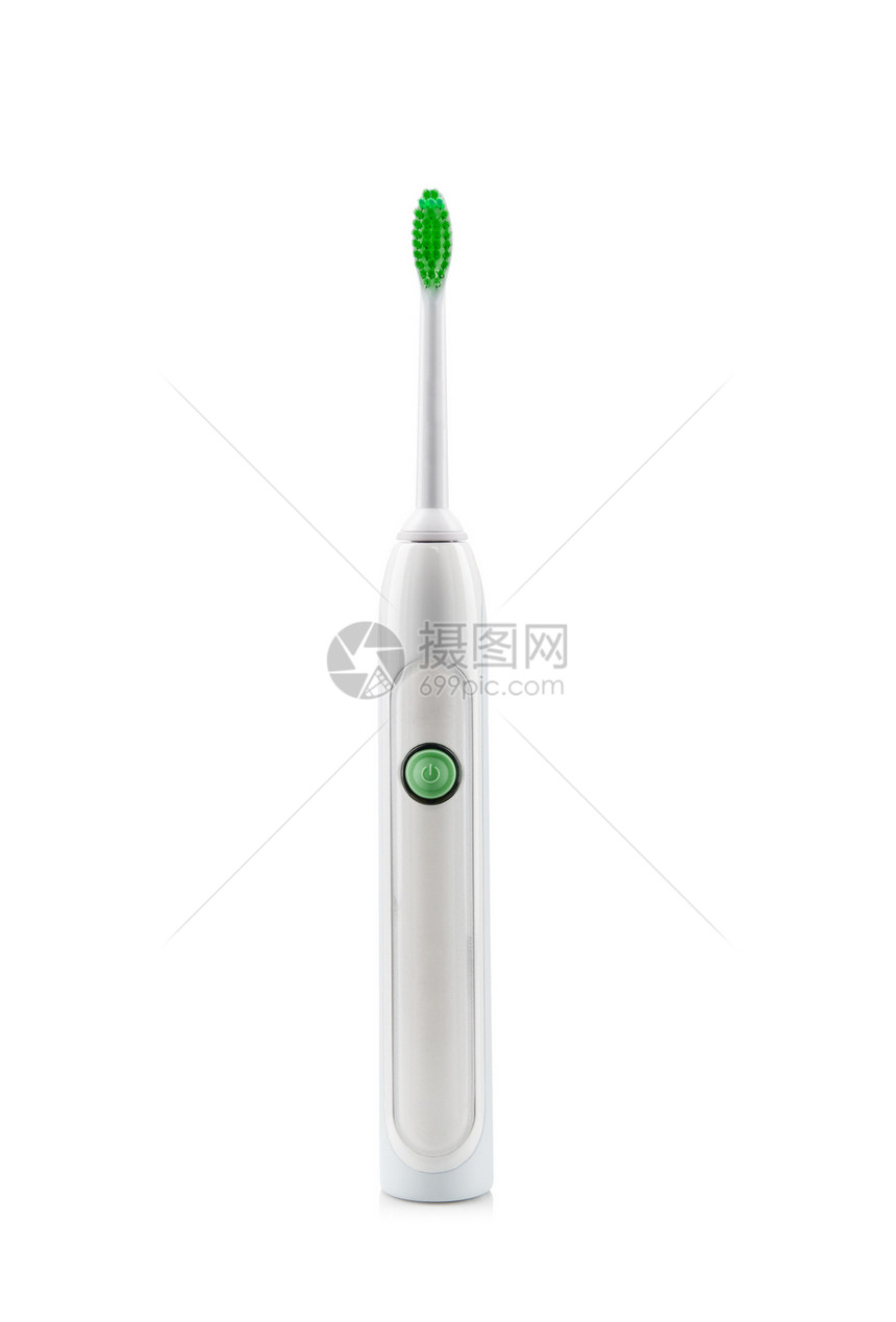 白色背景的电动牙刷刷子牙医蓝色电气宏观塑料按钮美丽卫生牙科图片