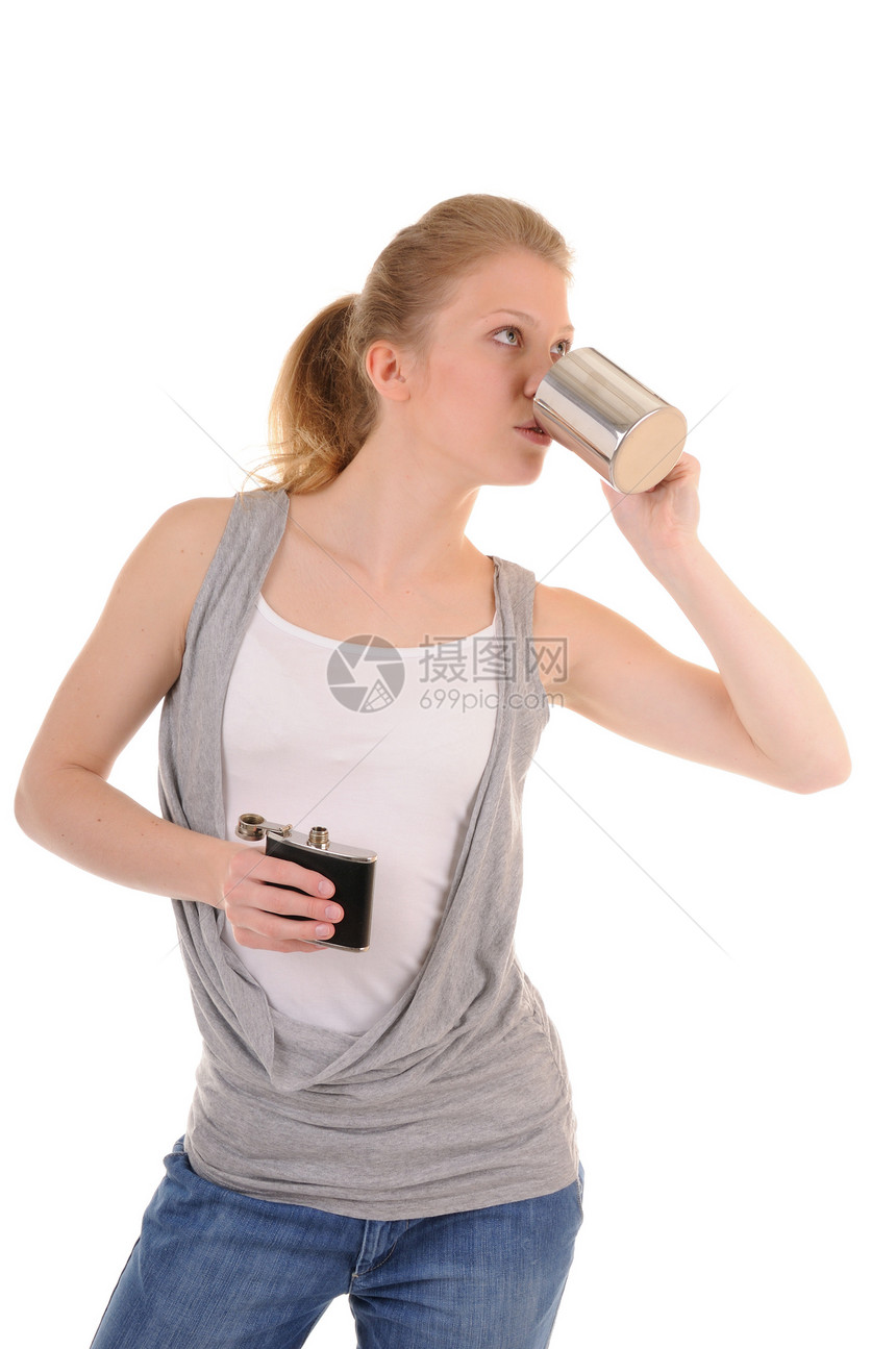 女人是热饮女孩茶点女士快乐杯子金发休息饮料活力金属图片