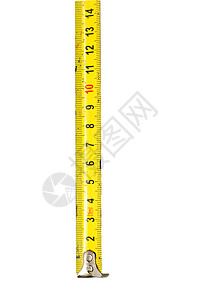 白色背景上孤立的磁带度黄色工具数字磁带公制工作单元红色背景图片