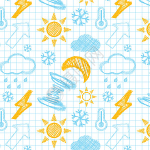 出升太阳天气画出无缝的图案蓝色涂鸦写作温度手绘草图气候预报孩子学校设计图片