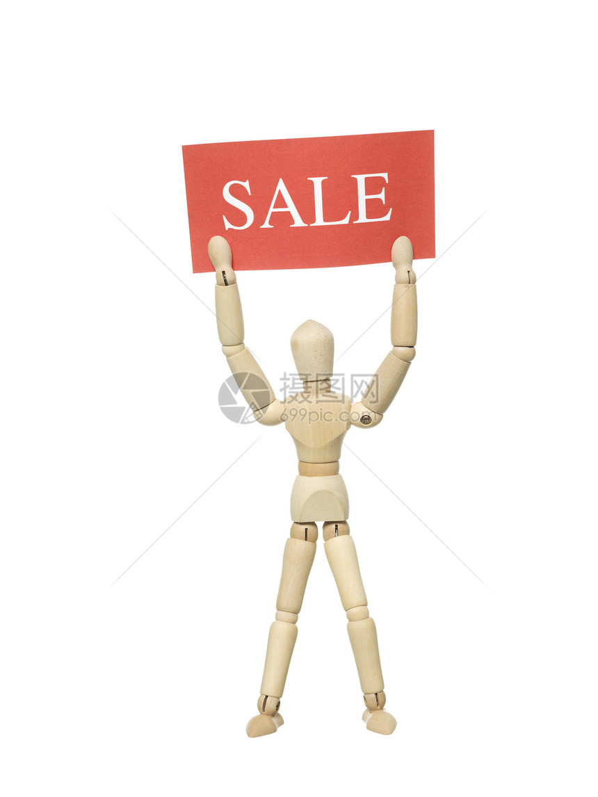 配有售卖标牌的玩偶塑像广告橡皮静物纸板玩具红色对象标语销售图片