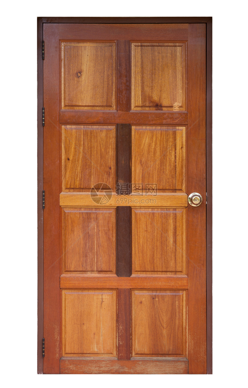 在白色背景上隔离的木门入口棕色欢迎橡木房子木头锁孔石头木板图片