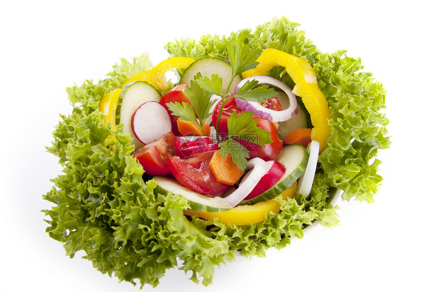 与不同蔬菜隔离的鲜新鲜美味混合沙拉盘子用品草本植物胡椒园艺维生素叶子饮食辣椒收藏图片