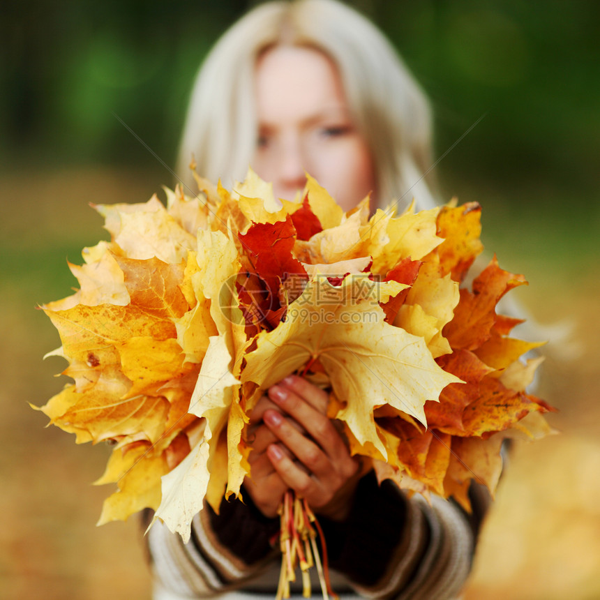秋叶中的妇女脚尖乐趣季节幸福头发团体微笑成人女孩橙子毛衣图片