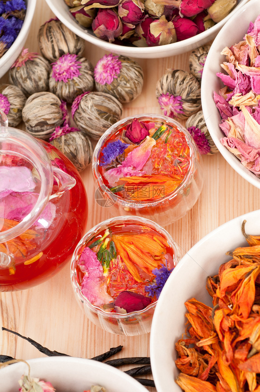 香草天然花卉茶和干花植物药品杯子玻璃酿造疗法茶点饮料治疗草本植物图片