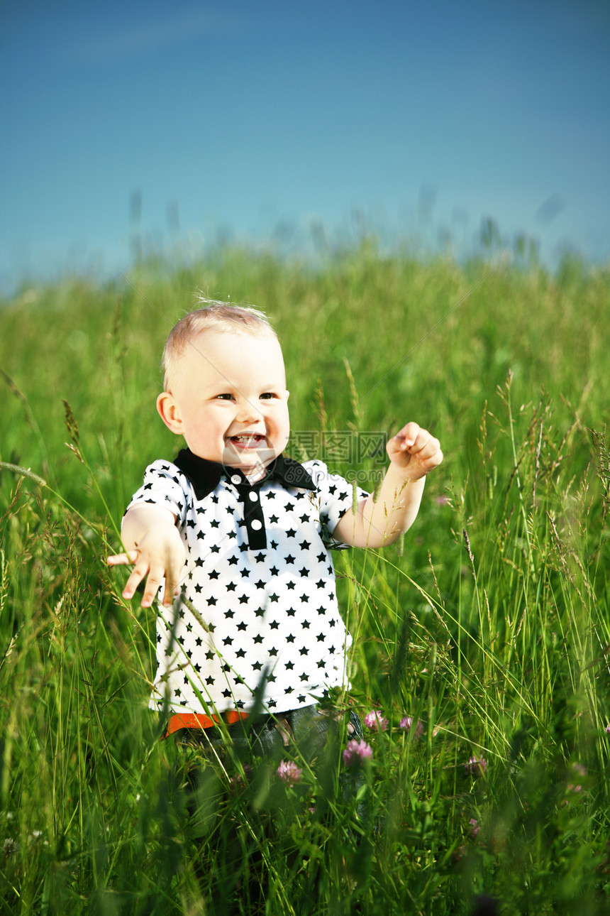 青草中的男孩衬衫植物草地男性幸福婴儿金发木头天空孩子图片