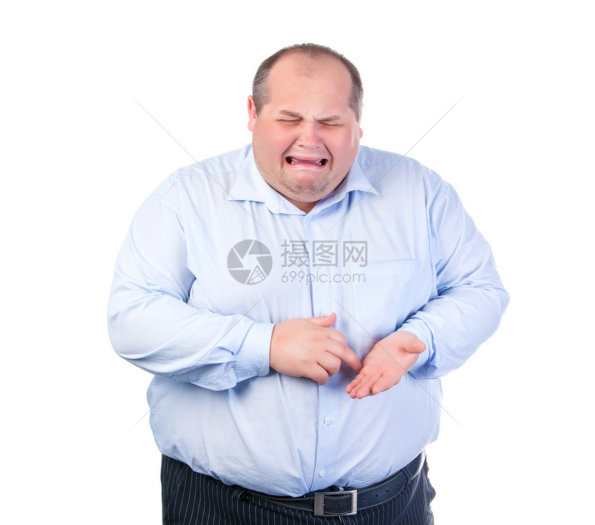 穿着蓝衫的不快乐胖子工作室白色男人成年人衬衫蓝色冒充哭泣肥肠男性图片