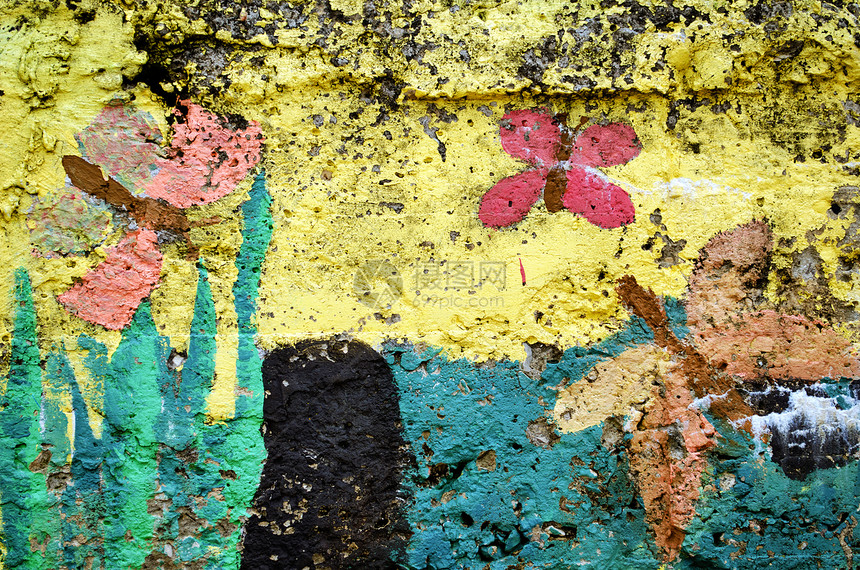 带蝴蝶的混凝土墙彩色涂料框架想像力装饰品艺术品昆虫涂鸦艺术城市材料墙纸图片