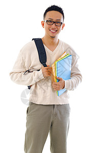 亚裔大学生身体男性大学学生工作微笑乐趣男人白色男生背包高清图片素材